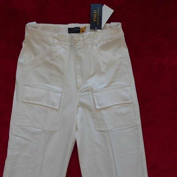 POLO RALPH LAUREN Wide Leg Pants Size 0 Ivory Cotton Blend Cargo Wear To Work - Picture 3 of 13